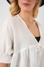 Kadın Önü Bağcıklı Kısa Kol Bluz 962 - Beyaz