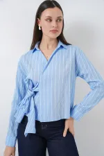 Kadın Önü Bağlamalı Çizgili Gömlek 20362 - Mavi