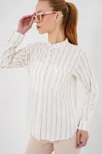 Kadın Uzun Kollu Çizgili Gömlek 20283 - Bej