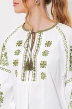 Chemisier en lin brodé kaki écru pour femme 902