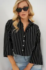 Women's Striped Oversize Short Shirt 20326 - Black