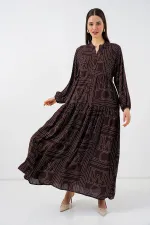Women's Patterned Long Hijab Dress 2585 - Dark Brown