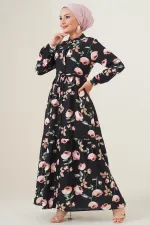 2144 Hakim Yaka Tesettür Elbise - E.Siyah