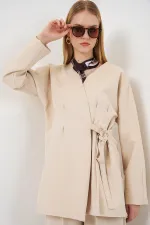 Kadın Yandan Bağlamalı Ceket Pantolon İkili Takım 30099 - Krem