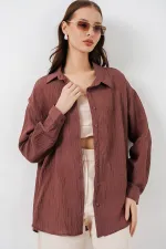 Kadın Uzun Oversize Gömlek 20320 - Kahverengi