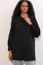 Women's Wide Collar Ruffle Detail Striped Tunic Shirt 5993 - Black
