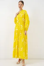 Kadın Desenli Uzun Tesettür Elbise 2585 - A.Sarı