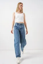 6689 Kadın Yüksek Bel Baggy Kot Pantolon - Mavi