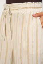 Kadın Çizgili Keten Pantolon 30102 - Bej