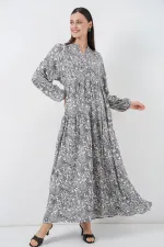 Kadın Desenli Uzun Tesettür Elbise 2585 - Gri