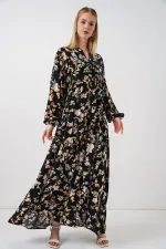 Women's Patterned Long Hijab Dress 2585 - V. Black