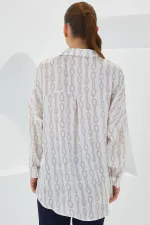 Women's Beige White Patterned Oversize Satin Shirt 3985