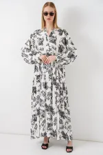 Kadın Desenli Uzun Tesettür Elbise 2585 - V. Antrasit