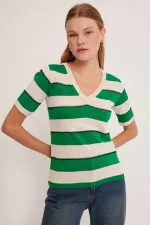 Chemisier rayé vert et blanc à col en V pour femme 15869