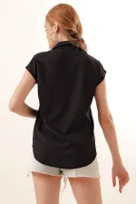 20123 Polo Collar Knitted Blouse - Black
