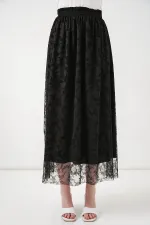 Kadın Flok Baskılı Astarlı Etek 8076 - Siyah