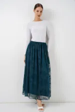 Jupe longue en tulle imprimé floqué pour femme 8070 - Pétrole