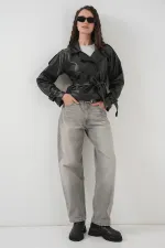 Kadın Kemerli Suni Deri Ceket 1046 - Siyah