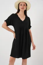 Kadın V Yaka Kısa Kol Elbise 2567 - Siyah