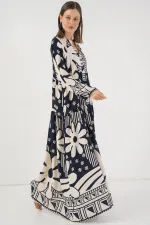 Kadın Desenli Uzun Tesettür Elbise 2585 - L. Lacivert