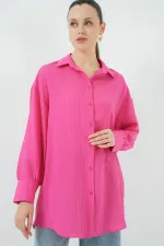 Kadın Çizgili Uzun Gömlek Tunik 5963 - Fuşya