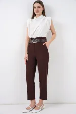 6556 Kemerli Kumaş Pantolon - Kahverengi