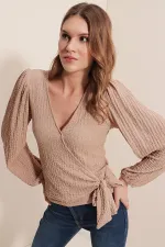 Chemisier cache-cœur en maille beige (0441)