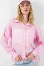 Kadın Tek Cepli Çizgili Oversize Gömlek 20375 - Pembe