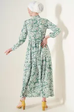 2144 Hakim Yaka Tesettür Elbise - Çağla