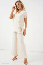 Ensemble deux pièces Ayrobin à manches courtes et lacets pour femme 6741 - Crème