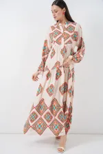 Robe longue hijab à motifs pour femme 2585 - Beige