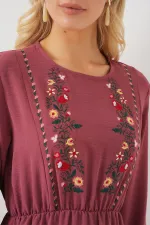 Kadın Nakışlı Uzun Tesettür Elbise 2550 - Gül Kurusu