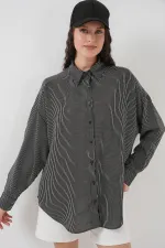 Kadın Çizgili Oversize Gömlek 20295 - Siyah