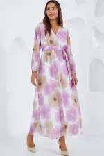 Women's Pink Beige Floral Patterned Chiffon Dress 2134