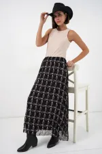 Jupe en mousseline doublée à motifs pour femme 8058 - Noire