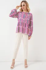 Kadın Desenli Uzun Kol Bluz 970 - Fuşya