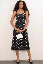 Women's Polka Dot Button-Front Strappy Midi Dress 2603 - Black