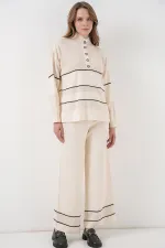 Ensemble deux pièces en maille rayée oversize pour femme 15957 - Écru