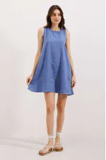 2444 Mini Keten Elbise - Mavi