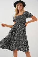 Kadın Kısa Kol Çiçekli Elbise 2556 - Siyah