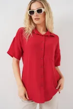 Chemise à manches courtes pour femme, aspect lin, référence 20336 - Rouge