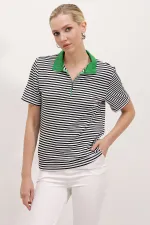 Women's Green Polo Collar Zippered Striped T-Shirt 0497