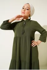 1627 Yaka Bağcıklı Tesettür Elbise - D.Haki