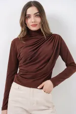 925 Büzgü Detaylı Sandy Bluz - A.Kahve