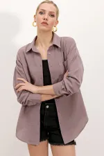 20153 Tek Cepli Oversize Keten Gömlek - Koyu Lila 20153 Tek Cepli Oversize Keten Gömlek - Koyu Lila
