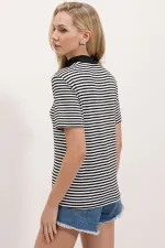 Women's Black Polo Collar Zippered Striped T-Shirt 0497