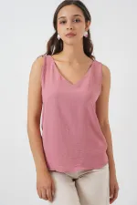 V Yaka Sıfır Kol Bluz 950 - Gül Kurusu