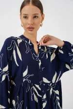 Kadın Desenli Uzun Tesettür Elbise 2585 - D.Lacivert