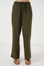 Women's Wide Leg Linen Trousers 6735 - Khaki