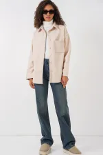 20273 Tek Cepli Düğmeli Kaşe Gömlek - Krem